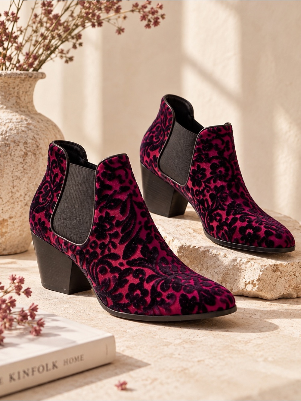 TOPSHOP Pink & Black Velvet Embroidered Ankle Boots Heels Size 9